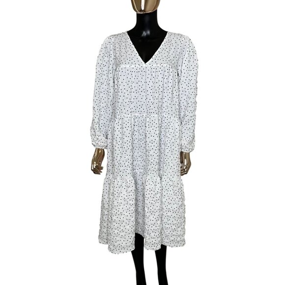 ASOS Design White Polka Dot Midi Dress Puff Sleeve V-Neck Size 8 - Picture 4 of 11